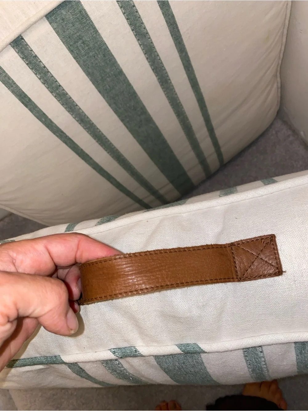 Neutral Stripe Floor Cushions with Leather Handle - White & Sage